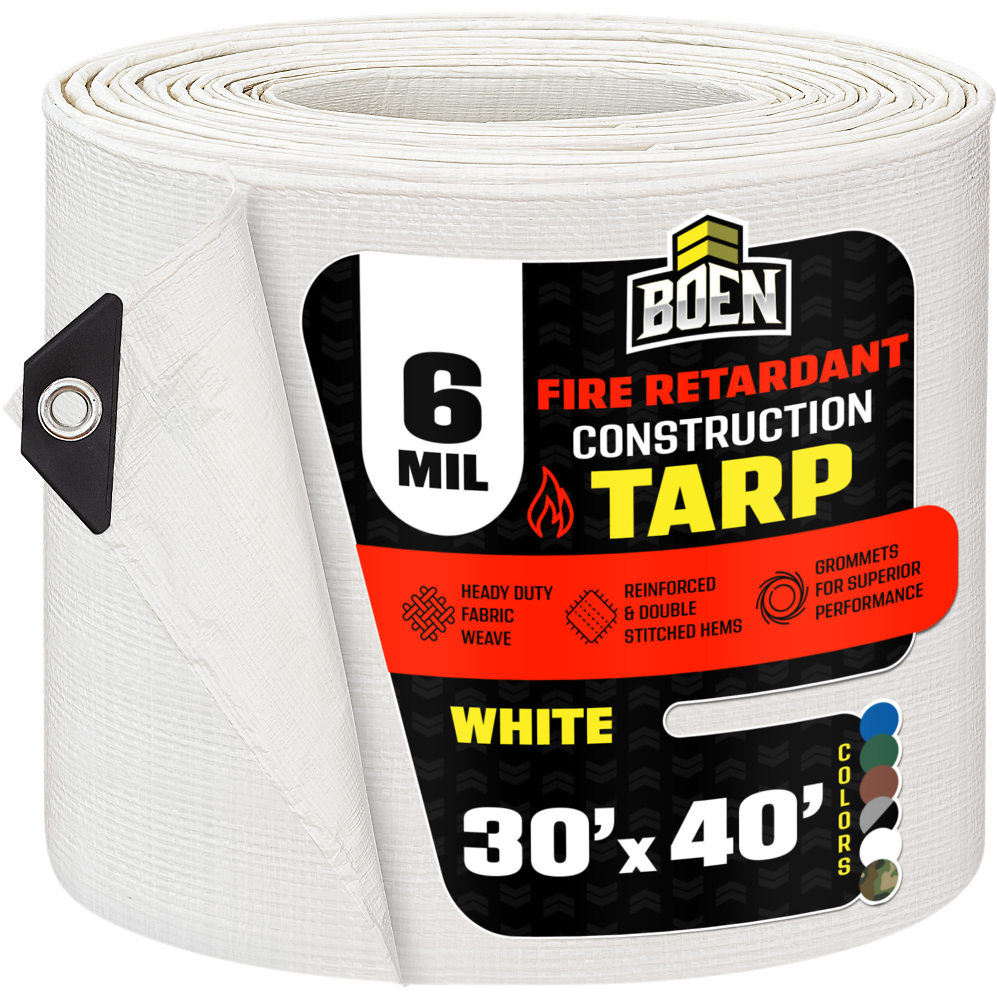 Boen 30 ft x 40 ft White Tarp, 8 Mil Thick Fire Retardant Construction Tarp, Rip Proof Tarps, Thick Weave Material, UV Resistant with Reinforced Corners